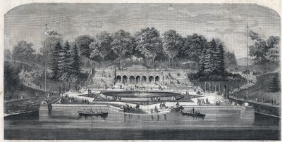 Kilátás a „Central Park” kertre, New Yorkban, Egyesült Államokban. Frederick Law Olmsted (1822-1903) és (1824-1895) építészete a Manhattan kerületben. Metszet a „The Illustrious Universe”-be alkotó: Unknown artist