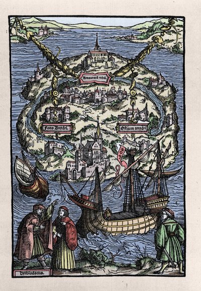 Utópia (Utópia) szigetének képe Thomas More (1478-1535) „” Az Utópiát újonnan szigetelő köztársaság optimális állapota” című könyvéből. Johann Froben metszet. 1518. alkotó: Unknown artist