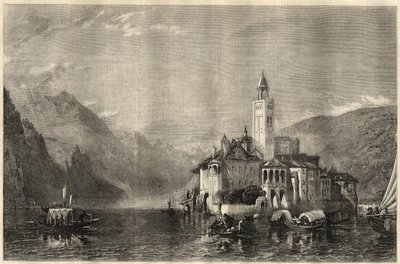 Kilátás a Mater Ecclesiae kolostorra a Saint Jules (Saint Jules) szigetén (San Giulio) az Orta-tónál (Cusio-tó) Olaszországban. Metszet William Collingwood Smith (1815-1887) festménye után. A március 22-i „The Illustrated London News”-ban alkotó: Unknown artist