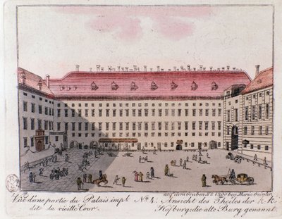 Kilátás a bécsi császári palota Régi udvar elnevezésű részére. Ausztria. Metszet 1815-ös magángyűjteményből alkotó: Unknown artist