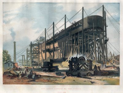 Kilátás a londoni Temze hajógyárban épülő „Great Eastern” (Leviathan) transzatlanti vonalhajó tatjára. Metszet az 1857. november 7-i „” The illustrated London News”-ba. alkotó: Unknown artist