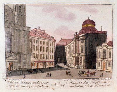 Kilátás a színházra és az udvarra a császári manézs felé Bécsben, Ausztriában. Metszet 1815-ös magángyűjteményből alkotó: Unknown artist