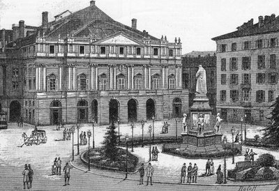 Kilátás a La Scala színházra, Milánóban, Olaszországban. (Teatro alla Scala Milano) Metszet a „” The Illustrous World”-ben” alkotó: Unknown artist