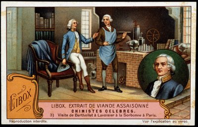 Berthollet látogatása Lavoisier-ben a párizsi Sorbonne-ban – a Libox reklámcég. századi kromolitográfiája. alkotó: Unknown artist