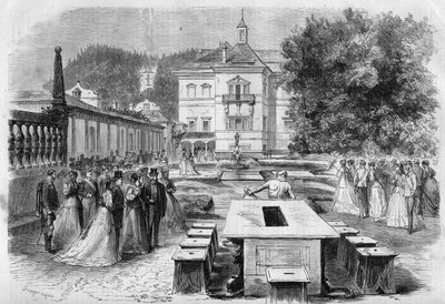 Francois-Joseph császár (1830-1916) és Erzsébet osztrák impresszió (Sissi) (1837-1898) Eugenie-vel (1826-1920), a franciák impresszumával és III. Napóleon látogatása augusztus 21-én az ausztriai Hellbrunn császári rezidencián. alkotó: Unknown artist