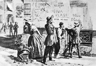 Viva Verdi: Giuseppe Verdi lelkes feliratai Nápolyban (a két szicília királysága) az osztrák megszállás alatt 1859-ben, az „Un Ballo in maschera” (V.E.R.D.I. (VERDI) = Vittorio Emanuele Re d