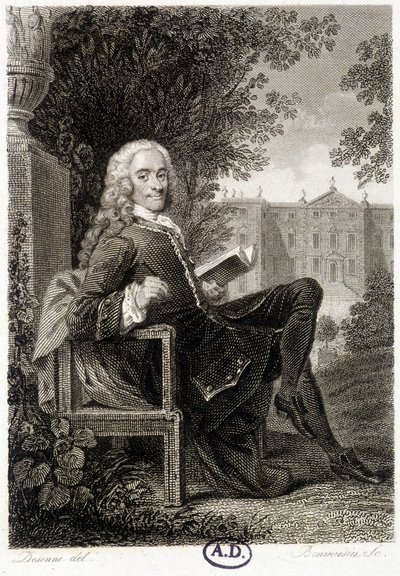 Voltaire egy parkban olvas - metszet alkotó: Unknown artist