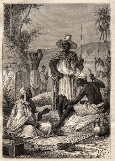 Utazás (1795) a Mungo Parkból (1771-1806) Djolibába (Niger): Szenegál őslakosai – az illusztráció a „” A 18. századi nagy tengerészek” című könyvből vett. alkotó: Unknown artist