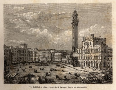 A sienai városháza tér látképe, egy 1865-ös sienai (Olaszország) utazást illusztráló metszet az Edouard Charton irányítása alatt megjelent „Le tour du monde, nouveau Journal des voyages” című kiadványban. alkotó: Unknown artist