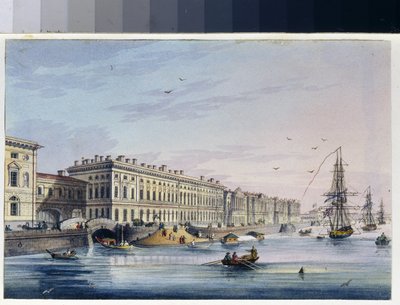 Kilátás a palota rakpartjára, Szentpéterváron (Oroszország). (Marie Taglioni albumáról). Névtelen alkotás, akvarellel erősített metszet, 1840 körül. 19. századi művészet, klasszicizmus. A.S. Puskin Állami Múzeum, Moszkva. alkotó: Unknown artist