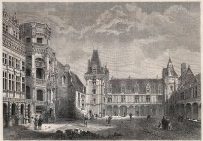 A blois-i kastély külső képe a monumentális lépcsőházzal - "" Le Monde Illustrie" metszet" alkotó: Unknown artist