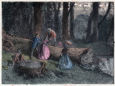 A sétálók a fa törzsének tanulmányozásával próbálják kiszámítani egy elhullott tölgy korát. 19. század végi metszet. alkotó: Unknown artist