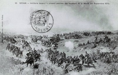 1870-es háború: A bajor tüzérség állást foglal a Marfe magaslatairól az Ardennekben, 1870.09.01. Metszet 1870-ből alkotó: Unknown artist