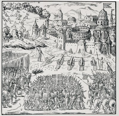 Vallásháború: Nîmes városa, amelyet a Király Armee (III. Henrik) ostromlott 1576-ban - a „39 figurából álló gyűjteményben, amely Franciaország 1562-1586 közötti csapásait ábrázolja””, Louis Perrin imprim. alkotó: Unknown artist