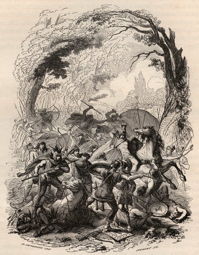 A gallok háborúja: Aduatuca-i csata az Eburonok belga népe és a római hadsereg között. Legyőzte Quintus Titurius Sabinust és Lucius Aurunculeius Cottát ie 54-ben. Metszet 1868-ból a „Histoire de Belgique a primitív időktől a század végéig alkotó: Unknown artist