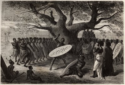 A Landine vagy a caffres-zulus, a Sena harcos gyakorlatai (Zambese folyó régiója, Mozambik). Metszet Dr. Livingstone első dél-afrikai útjainak illusztrálására 1840 és 1856 között, a „Le tour du monde, nouveau Journal des voyages” című kiadványban. alkotó: Unknown artist