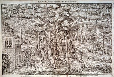Vallásháborúk 1562-1598 “” I. Francois Lotaringiai (1519-1563) Guise második hercegének meggyilkolása 1563.02.18-án. A katolikus vezetőt Jean de Poltrot de Mere vagy Merey kálvinista ölte meg. századi metszet. Paris, B.N. alkotó: Unknown artist