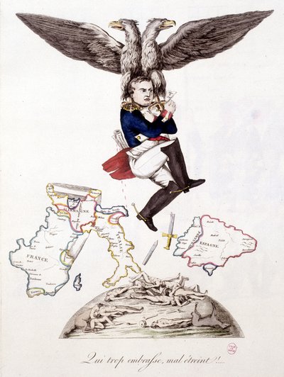 Aki szintén rosszul ölel, az ölel: miután Európa-szerte halált vetett, Napóleon csatlakozik Elba szigetéhez, sas viszi – a „” Napóleon 1., karikatúrák, próbabábu gyűjtemény” c. 1814 alkotó: Unknown artist