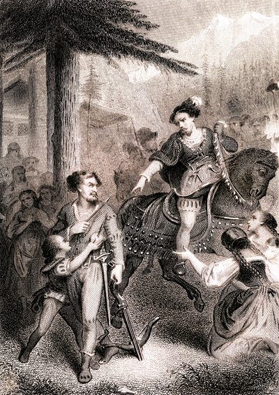 Mondják, Tell William lelőtte Gessler végrehajtót a hazafias svájci legendában alkotó: Unknown artist