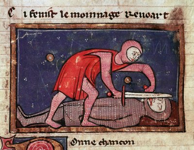 V. Poitiers-i Vilmos, akit Nagynak hívnak (960-1030) megvágja ellenségének, II. Marche-i Boson grófnak (988-1008) a nyelvét 1008-ban Miniatűr a „Willimos moinage”-ból” (ms. 1025) 13. századi Milánó, Biblioteca Trivulziana alkotó: Unknown artist