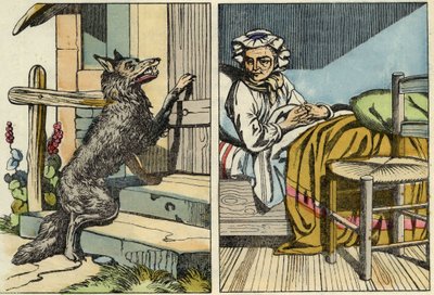 Farkas kopogtat a nagymama ajtaján. Illusztráció Charles Perrault „A Piroska” című meséjéről alkotó: Unknown artist