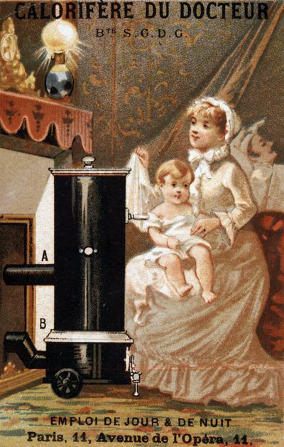 Nő és gyerek fűtés a belső térben, "" orvos calorifere" hirdetés, 1895. v. alkotó: Unknown artist