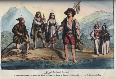 Hagyományos szicíliai viseletet viselő nők és férfiak - Palermói halász, Palermo és Trapani között pásztor, trapani nő, halkereskedő, Málta lakói. metszet az Univerzum összes népének szokásairól és hagyományairól. Ez a kormány története alkotó: Unknown artist
