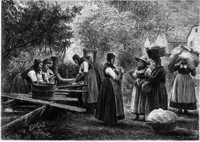 A nők mosnak Elzászban. Metszet a „La jeunesse” híres folyóiratban alkotó: Unknown artist