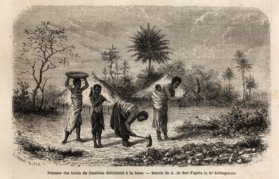 Nők a Zambeze partjáról kapát szárítanak, és gyerekeket ismertetnek meg a mezőgazdasági munkával. Metszet Dr. Livingstone első dél-afrikai útjainak illusztrálására 1840 és 1856 között, a „Le tour du monde, nouveau Journal des voyages” című kiadványban alkotó: Unknown artist