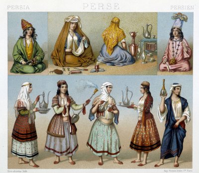 Nők, akik teát és női jelmezeket készítenek Perzsiában - Racinet "" A történelmi jelmez" -ben alkotó: Unknown artist