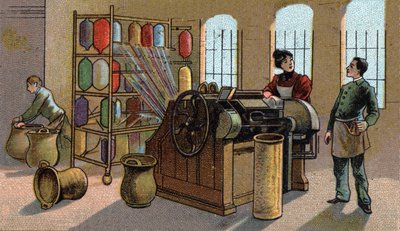 Gyapjúipar, fésülés. A 19. század végének kromolitográfiája alkotó: Unknown artist