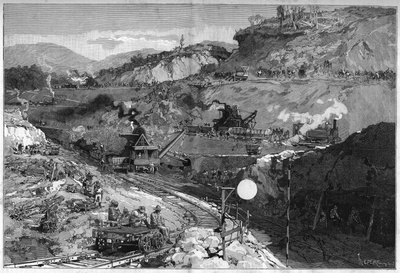 Munkavállaló az alsó-obispói (Bas Opispo) árokásás területén a Panama-csatorna építéséhez. Metszet a „” Le Monde Illustré”-ben alkotó: Unknown artist