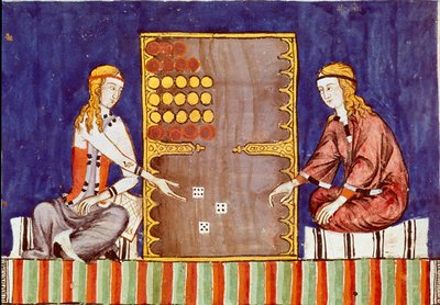 Fiatal nők, akik tric trac-ot (tri-trac) játszanak, Backgammon őse - Miniatűr Alphonse X, the Wise or the Savant „Libro de los juegos” kéziratából (spanyolul Alfonso X el Sabio alkotó: Unknown artist