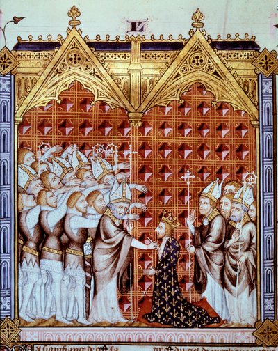 a francia király felkenése eveques és bárói jelenlétében. Miniatűr a „Rational des divins offices”-ban (fólió 44v) alkotó: Unknown artist