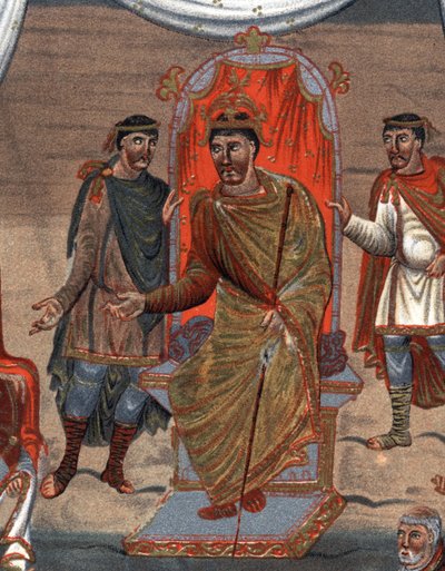 részletek: II. Kopasz Károly (823 - 877), Franciaország királya szerzetesek küldöttségét fogadta Toursból.Fac-Simile a 19. századi kromolitográfiában a B.N.-ben őrzött X. századi miniatűr után. Párizsból. alkotó: Unknown artist