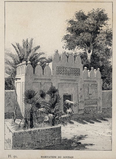 habitation du Sudan (Szudán) - 1889-es metszet az „Emberi lakhatás története az 1889-es egyetemes kiállításon, Charles GARNIER úr – Librairie centrale des beaux-arts Paris 1889 című könyvében alkotó: Unknown artist