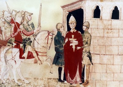 VIII. Bonifác pápa (1294-1303) itt raboskodott Anagniban 1303-ban, illusztráció a 14. századi kéziratból alkotó: Unknown artist