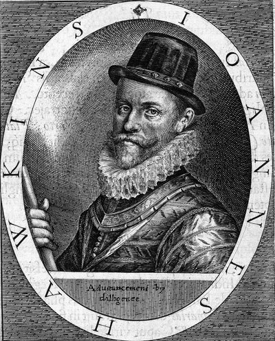 Sir John Hawkins (Hawkyns) angol admirális (1532-1595) portréja, aki arról ismert, hogy ő volt az első, aki feketével kereskedett. Több utat tett meg londoni kereskedők finanszírozásával Afrika és Amerika között. Metszet 1620-ból. alkotó: Unknown artist