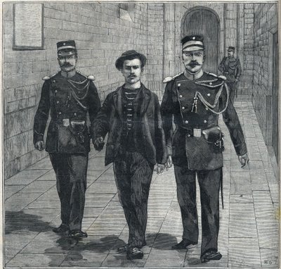 az olasz anarchista Luigi Luccheni (Lucheni) Ausztriai Erzsébet (Sissi) bélyeggyilkos merénylőjét 1898-ban a Bíróság elé állították. alkotó: Unknown artist