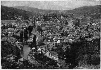 Szarajevó városának képe 1894-ben - Szarajevó városának kilátása 1894-ben - metszet alkotó: Unknown artist