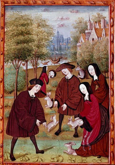 nyulakkal játszó fiatalok Miniatűr a "" Histoire de Jean III de Brush és felesége, Louise de Laval" című filmből" (sz. 1475) Chantilly, Musee Conde alkotó: Unknown artist