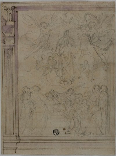 Szűz Mária mennybevétele (recto); építészeti részletek vázlatai (verso) alkotó: Unknown Florentine