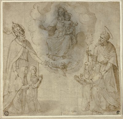 Szűz Mária és a Gyermek Szent Fabianus (vagy Nagy Gergely) és József előtt. alkotó: Unknown Sienese