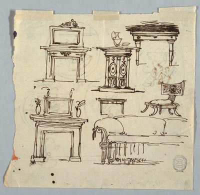 Rajz, kéménydarabok, bútorok és mennyezeti medalion, 1790-1810 alkotó: Unknown artistUnknown artist