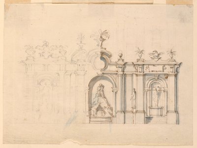 Rajz, oszlopcsarnok szökőkúttal, 1770 körül. alkotó: Unknown artistUnknown artist