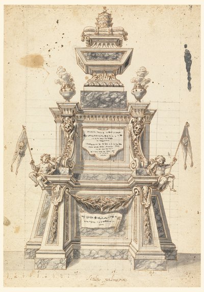 Rajz, terv egy katakalkhoz egy pápa, valószínűleg XI. Kelemen pápa emlékművéhez, 1721 alkotó: Unknown artistUnknown artist