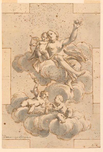 Rajz, terv egy mennyezeti festményhez, Vénusz, Ámor és Putti, 1700-29 alkotó: Unknown artistUnknown artist