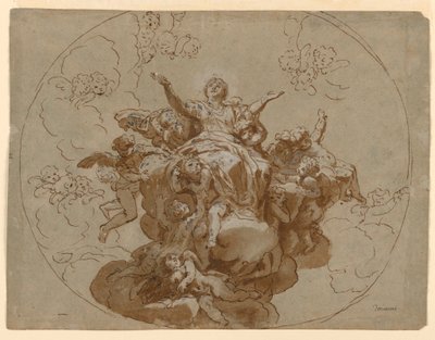 Rajz, mennyezetterv a Szűz Mária mennybemenetelével, 1700-1730 alkotó: Unknown artistUnknown artist