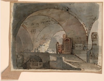 Rajz, színpadkép, földalatti boltozatos tér sírokkal, 19. század eleje alkotó: Unknown artistUnknown artist