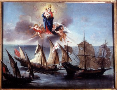 Egy genovai csónakot egy galióta és egy barbár félkonyha támadott meg. Ex-voto 1796. Genova-Pegli Tengerészeti Múzeum. alkotó: Unknown artist
